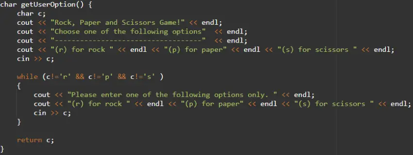 C++ code to print  rock, paper, scissors game menu