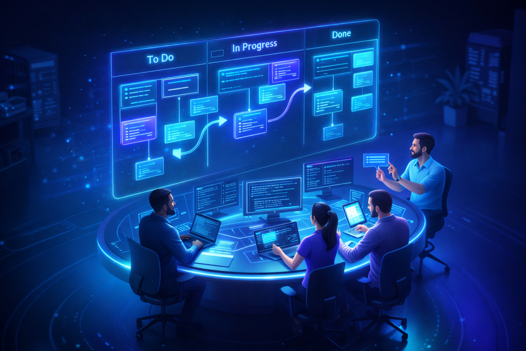 Futuristic software development workspace Futuristic software development workspace