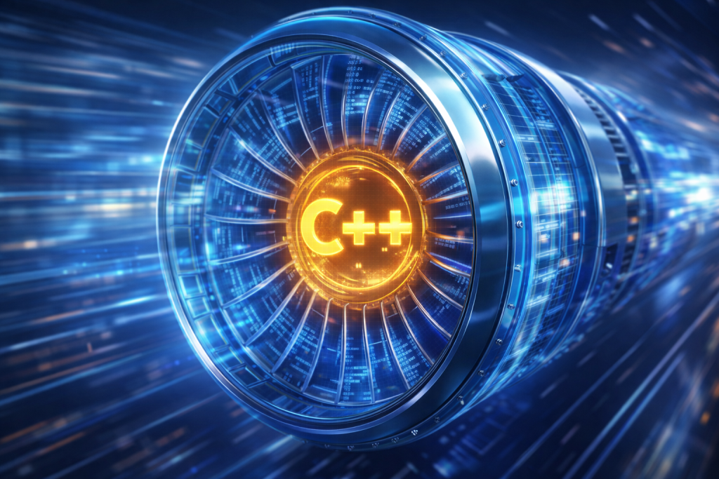 Futuristic turbine with glowing C++ logo Futuristic turbine with glowing C++ logo