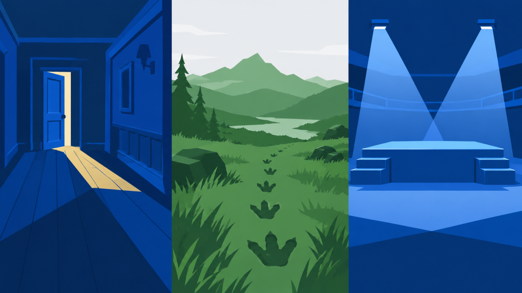 Flat editorial triptych showing a dim interior corridor with a single pool of light, an open wilderness with large three-toed tracks leading away, and an empty symmetrical fighting stage under spotlights, representing the range of Capcom genres built on MT Framework